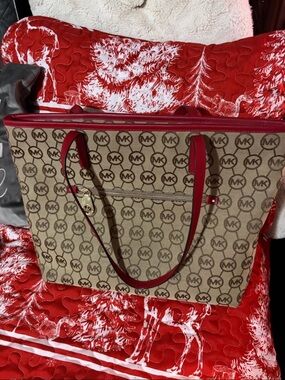 Michael Kors Brown Signature MK Tote with Red Trim